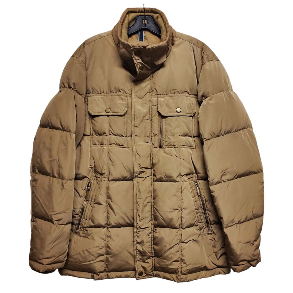 LONDON FOG Jacket Mens Large Beige Puffer Down Pockets Casual Outdoor Winter